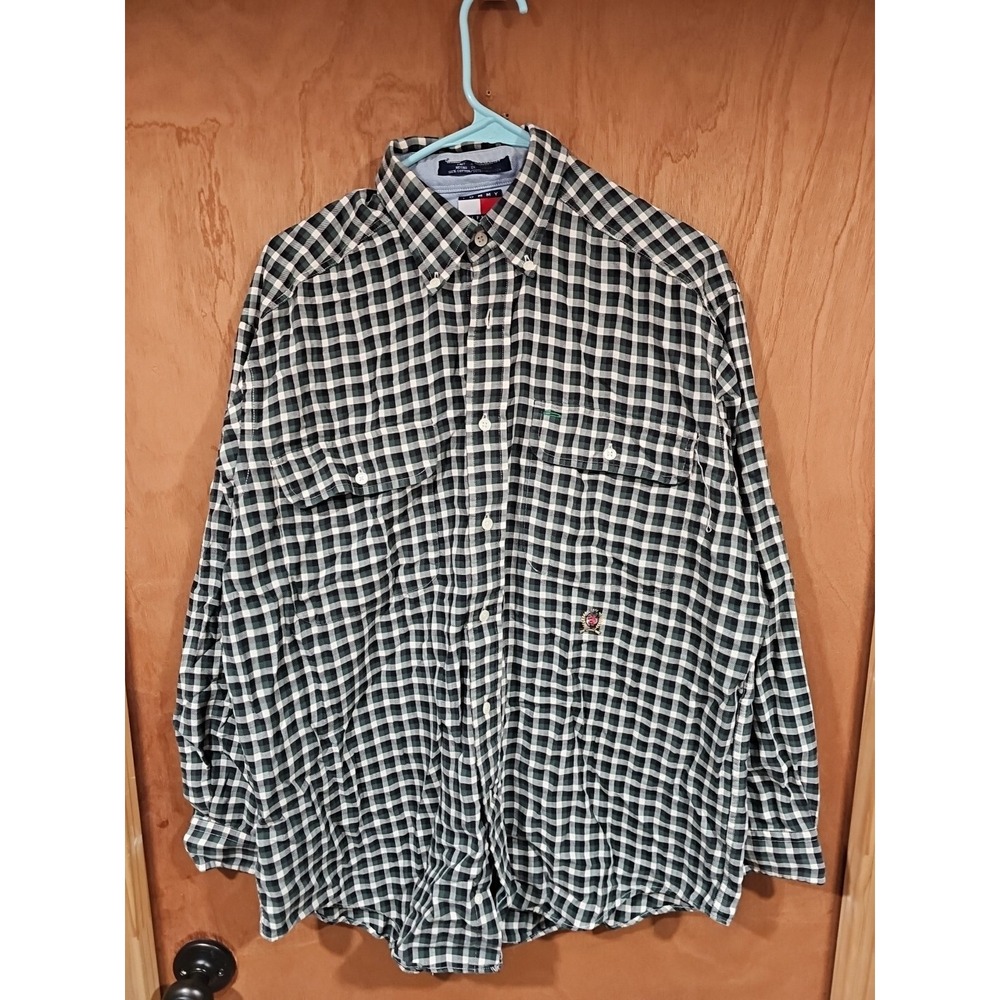 VTG Tommy Hilfiger Shirt Mens Small Button Up Green White Plaid - Picture 1 of 9